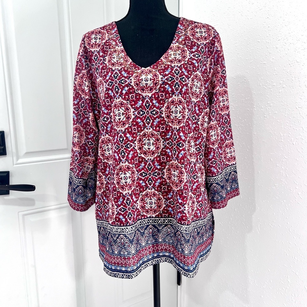 Alfred Dunner Red and White 3/4 Sleeve Boxy Tunic 1X